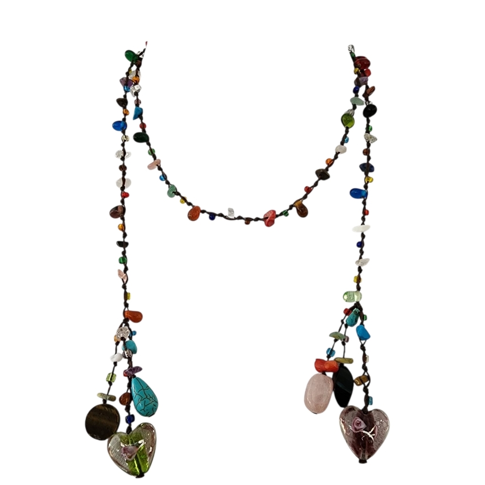 Artisan lariat necklace gemstones + art glass hearts flowers colorful  L510 -Q5